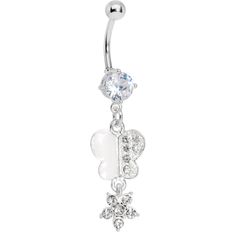 Product Details This alluring belly ring is blooming with style. A single gem navel ring features a butterfly half paved with gems with a delicate flower dangle. Specifications 14 Gauge (1.6mm), 7/16" (11mm), 316L Surgical Grade Stainless Steel Ring Game, Dangle Belly Rings, Navel Ring, Belly Button Ring, Navel Rings, Button Ring, Belly Ring, Belly Rings, Delicate Flower