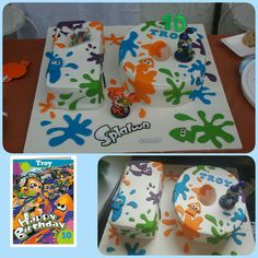 there is a birthday cake with splatters on it and an image of the video game