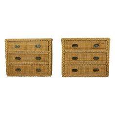 pair of wicker chests with drawers on each side and one drawer closed to the other