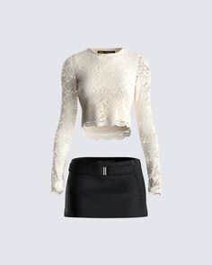 Just because a fit is simple doesn't mean it's not a slay 💅 This two-piece set features an ivory lace top and a black belted mini skirt for a look that is perfect for anything 😌 Finesse Clothing, Tweed Cropped Jacket, Singer Dr, Stylish Fits, Ivory Lace Top, High Waist Sports Leggings, Belted Mini Skirt, Grocery Foods, Mini Skirt Set