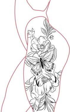 a woman's back with flowers and butterflies on her stomach, as well as the outline