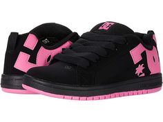 DC Kids Court Graffik (Little Kid/Big Kid) - Girls Shoes : Black/Pink : Featuring a durable leather upper, lace-up closure and classic low-top round-toe silhouette, these DC Kids Court Graffik skate shoes will keep them on their feet from kickflip to toe flip. Sneakers boast a padded comfort collar, breathable mesh lining and low-key screen-printed logo on side. Vulcanized construction offers better board feel, sidewall grip, and optimum flex. Abrasion-resistant sticky rubber outsole features DC Hype Shoes, Girls Shoes Kids, New Rock, Dc Shoes