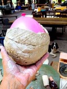 a person holding up a clay ball in front of a table with a dog on it