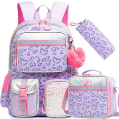 Gorgeous solid-colored backpack, lunchbox and pencil bag set with subtle all over heart-shaped leopard print. Contrasting metallic silver, lavender, pink and mint accents. Side pockets perfect for hauling water bottles and accessories. Hidden front zip pocket and main enclosure with double zippers. Reinforced top loop for carrying and hanging. Extra thick lined adjustable shoulder straps for comfort and easy hauling. Matching lunch box and pencil bag. Three piece set. Large capacity backpack: 17” x 11.8” x 7.5” Lunch bag: 10.6" x 8.2" x 4" Pencil Case: 8.6" Available in purple or pink. Also available in black here. Good things take time. Quicker shipping: this backpack set ships directly from our overseas warehouse and; once shipped, will arrive to you in about 8-12 business days. *Limited Schoolbag Aesthetic, Heart Leopard Print, Heart Leopard, Aesthetic Backpack, Backpack Set, Custom Backpack, Girls Heart, Floral Bags, Pencil Bags