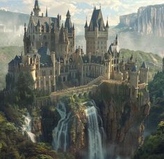 an image of a castle with waterfall in the foreground