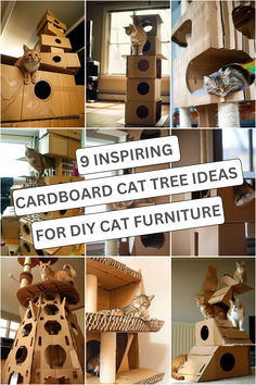 A collage of 9 creative DIY cat tower projects made from cardboard, featuring various cardboard cat tower designs, scratching posts, and cat houses. Diy Cat Toy Box Ideas, Cat Tree Diy Cardboard, Cat Tower Cardboard, Cardboard Cat Diy, How To Make A Cat Tree Homemade, Diy Cardboard Cat Tower, Cardboard Box Cat House Diy Ideas, Cat House Out Of Cardboard Boxes, Cat Houses Diy