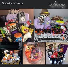 several different pictures of halloween baskets with candy and candies in them, including an assortment of items