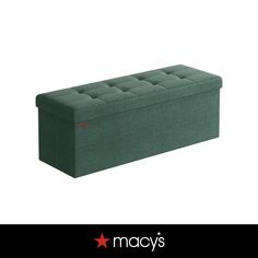 a green storage bench with red lettering on the front and bottom, sitting against a white background