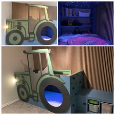 there are two pictures of a child's room with toys and furniture in it