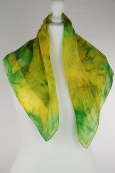 Green yellow gold square silk scarf, hand dyed pure silk scarf, women silk scarf, gift for her, handmade Ticik-art This scarf is a unique product, original and timeless which you can wear daily or at special occasions, very light and soft, a special gift for you. DETAILS:  - Dimension 70 x 70 cm (28 x 28 inches) - 100 % pure silk (ponge 5) - High quality French colours - Hand rolled edges SPECIAL PLUS: This scarf is sent in a present/gift box with a beautiful card including care advice. I can pr Green Rectangular Silk Scarf, Rectangular Green Silk Scarf, Elegant Handmade Green Silk Scarf, Green Rectangular Scarf As Gift, Green Rectangular Scarf For Gift, Green Rectangular Scarf Gift, Yellow Silk Scarves For Gifts, Artistic Hand-dyed Green Scarves, Handmade Green Scarf As A Gift