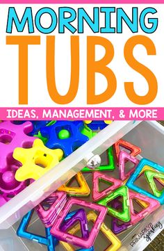 an open box filled with plastic toys and the title reads morning tubs ideas, management & more