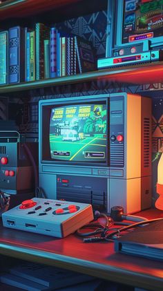 an image of a video game console on a desk in front of a bookshelf