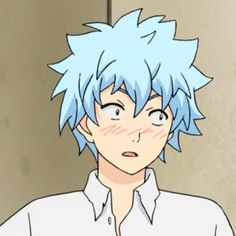 an anime character with blue hair and white shirt looking at something in front of him