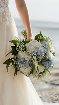 Elegant Blue and White Hydrangea Wedding Bouquet Hydrangea In Wedding Bouquet, Wedding Bouquets Bride Blue And White, Real Blue Wedding Flowers, Bridal Bouquet With Blue Hydrangeas, Blue Themed Wedding Bouquets, Perfect Wedding Bouquet, Blue Hydrangea White Peony Bouquet, Hydrangea And Gypsophila Bouquet, Wedding Arch With Hydrangeas