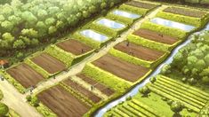 an artist's rendering of a farm land with water and trees in the background