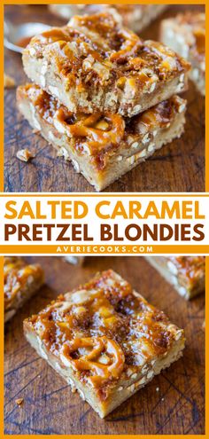 salted caramel pretzel blondies on a cutting board with text overlay