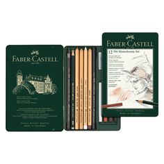 faber - castei pencils and book set in green case with two different colored pencils