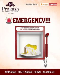 an advertisement with a piece of cake in a box and the caption reads emergency