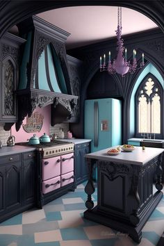 a kitchen with blue and pink cabinets, an island and chandelier hanging from the ceiling