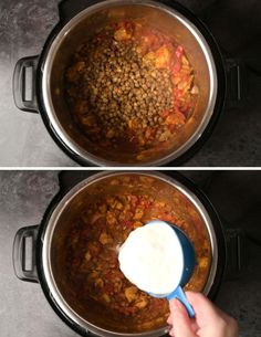 two pictures showing the process of cooking beans and rice