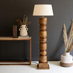 Stacked Spindle Wooden Floor Lamp with Shade - Holistic Habitat Colonial Floor Lamp, Rustic Floor Lamps, Wood Column, Wooden Columns, Column Floor Lamp, Wooden Floor Lamps, Rustic Flooring, Floor Lamp Base, Modern Rustic Decor