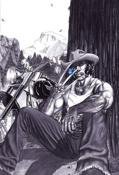 a drawing of a man sitting next to a motorcycle