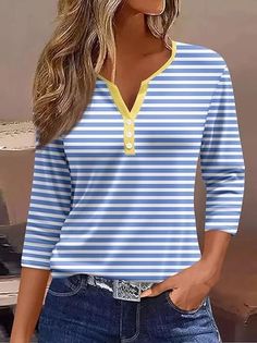 Shop Affordable Women T-shirts Spring/Fall T-shirt Three Quarter Sleeve Casual T-shirt Striped T-shirt Regular Fit Daily V Neck On Justfashinnow.com Polo Shirt Colors, Striped Jersey, Floral Print Shirt, Womens Shirt, Comfortable Tops, Casual Stripes, Plus Size Kleidung, Spring Shirts, Top Casual