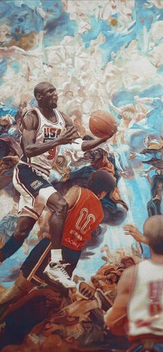 an oil painting of a basketball game being played