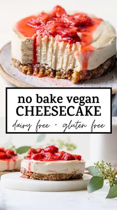 no bake vegan cheesecake on a plate with the text overlay that reads, no bake vegan cheesecake