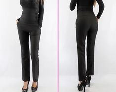 High Waist Warm Trousers Double Breasted Corset Type Pants - Etsy High Waist High Stretch Bottoms For Winter, High Waist High Stretch Pants For Winter, Fitted Elastane Bottoms For Winter, High Waist High Stretch Winter Pants, Fitted Full-length Winter Bottoms, Fitted Winter Bottoms With Pockets, Fitted Full-length Dress Pants For Winter, Fitted Winter Bottoms, Elegant Straight Leg Leggings