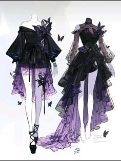 a drawing of a purple dress with butterflies on the skirt and in the top half