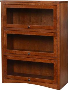 a wooden bookcase with two drawers on one side and three shelves on the other