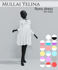 a mannequin wearing a white dress and black tights with colorful circles in the background