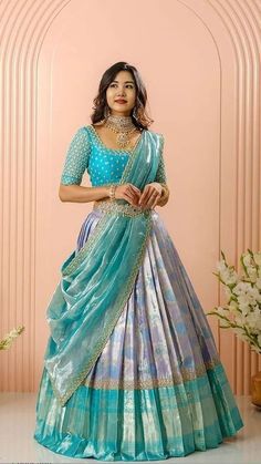 Half Saree Reception Look, Lehanga Designs South Indian, Lehenga Half Saree Model, Half Saree For Function, Designer Half Sarees Weddings, Lehenga Designs For Marriage, Half Saree Lehenga For Bride, South Indian Gown Designs, South Indian Wedding Lehengas Bridal