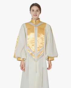 Custom choir robes, vanda style, with pointed sleeves add elegance. printed or embroidered your church logo or symbols on these choir gowns. Ribbon Highlights, Pointed Sleeves, Choir Robes, Choir Dresses, Baby Christening Outfit, Church Choir, Church Logo, Baptism Gown, Street Dress