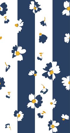 a blue and white striped wallpaper with flowers