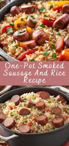 one pot smothered sausage and rice recipe in a skillet with text overlay