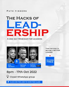 the hacks of lead - ership flyer with three men on chess board