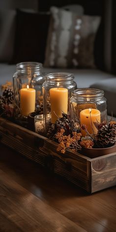 some candles are sitting on a tray with pine cones and other things in it,