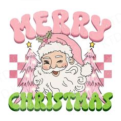 merry christmas santa claus with pink wings and green checkerboard text on white background