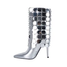 Recommend the same matching bag Heel measures approximately: 3.9 in / 10 cm Material: Patent Leather Color: Silver Customer Service please contact US Diamond Heels, Fold Over Boots, Fantastic Shoes, Spring Boots, Stiletto Boots, Beautiful Boots, Hot Shoes, Cool Boots, Perfect Shoes