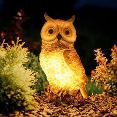 an owl statue sitting on top of a tree stump in the woods at night time