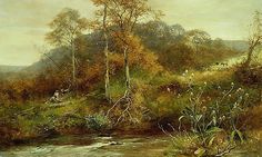 an image of a painting with animals in the woods and people on the riverbank