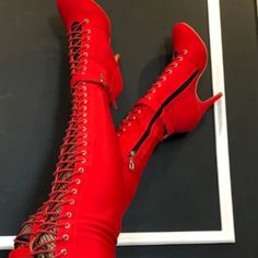 Burju Shoes Thick Skin Thigh High Boots. Size 5 & 4 Inches Heels. New Never Worn! High Heel Sandals Platform, Thigh High Heels, Dance Boots, Dance Heels, Black Lace Up Boots, Chunky Heels Boots, Socks And Heels, Stiletto Boots, Red Boots