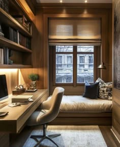 a bedroom with a bed, desk and bookshelf next to a large window