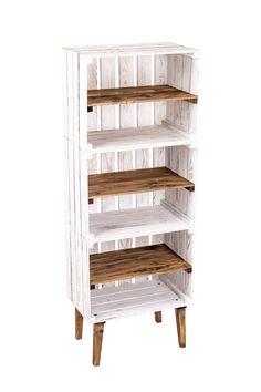 a white shelf with wooden shelves on it