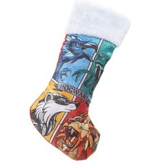 a christmas stocking with an eagle, wolf and raven design on the front side