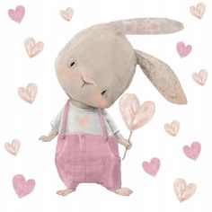 a painting of a bunny with hearts in it's hands and holding a heart shaped balloon