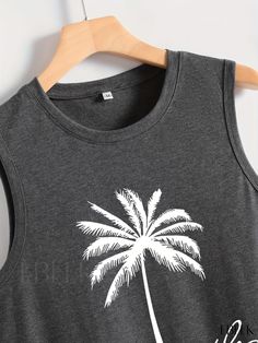 Ebeek - Stylish Coco Palm Print Tank Top: Fashionable Sleeveless Summer Top with Crew Neck, Ideal for Womens Fashionable Wardrobe Blend Contour, Sleeveless Tops Summer, Print Tank Top, Palm Print, Casual Fit, Printed Tank Tops, Print Tank, Chest Pad, Summer Top