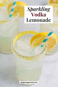 sparkling vodka lemonade in glasses with blue and yellow straws